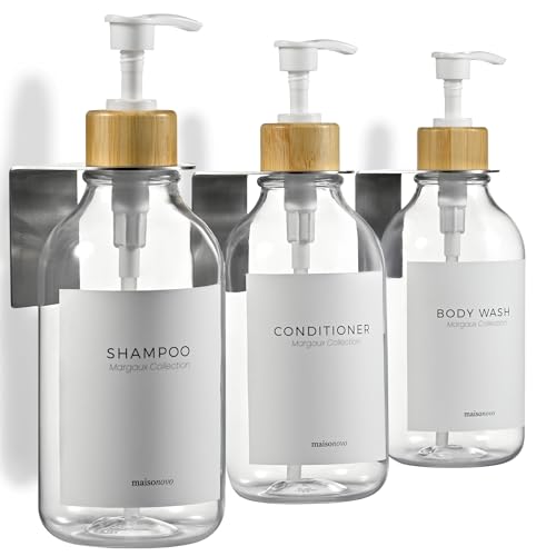 MaisoNovo Shampoo and Conditioner Dispenser|Refillable Clear Bamboo 3-Pack | 500 ml Shower Gel Dispenser Set of 3. Refillable Shampoo and Conditioner Bottles. Drill Free Secure Design. Clear Bamboo - color: Clear Bamboo Set of 3