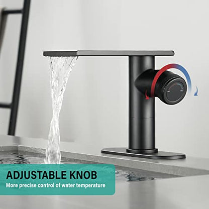 becola Modern Bathroom Sink Faucet，Black Bathroom Faucet，Waterfall Faucet for Bathroom Sink，Single Hole Cold and Hot Vanity Faucet，Single Handle Vessel Sink Faucet with Adjust Knobs and Deck Plate - color: Matte Black, size: low