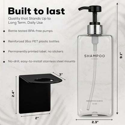 Clear Shampoo and Conditioner Dispenser Set Wall Mounted by Brighter Barns - Refillable Shower Soap Dispensers 3 Chamber No Drill - Plastic Shampoo, Body Wash and Conditioner Bottle for Hotels (Clear) - color: Clear