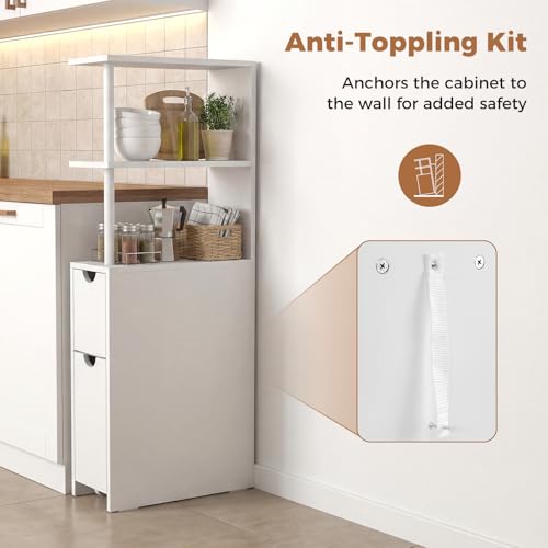 Tangkula Slim Bathroom Storage Cabinet, Small Corner Floor Cabinet with Open Shelves, Slide-Out Drawers, Bathroom Organizer, Narrow Toilet Paper Holder for Restroom, Living Room, Small Spaces, White