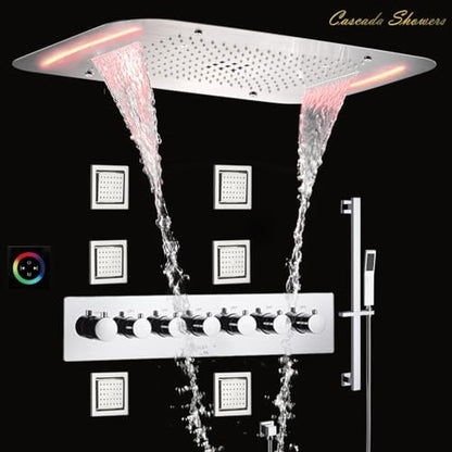 Cascada Luxurious Design 17"x28" Recessed LED Shower System with 6 Functions (Rainfall, Waterfall, Rain Curtain, Misty, 4"Body Jets & Handheld), & Shower Sliding Bar (Oil Rubbed Bronze) - color: Oil Rubbed Bronze