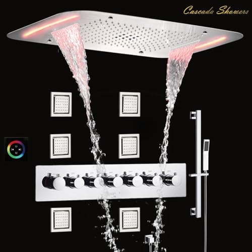 Cascada Luxurious Design 17"x28" Recessed LED Shower System with 6 Functions (Rainfall, Waterfall, Rain Curtain, Misty, 4"Body Jets & Handheld), & Shower Sliding Bar (Polished Gold) - color: Polished Gold