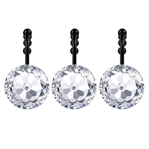 Sunlit Luxury Design Round Clear Diamond Crystal Gem Bling with Glide Balls Shower Curtain Hooks with Black Hooks, Rust Proof Metal Rhinestones Glam Shower Curtain Rings, Set of 12 - color: Clear With Black Hooks