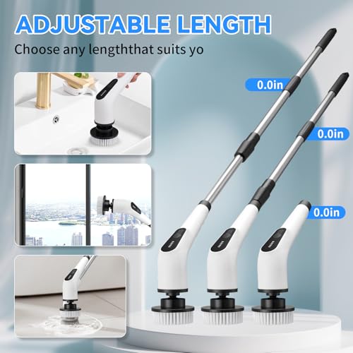 Electric Cordless Spin Scrubber – 2-Speed High-Efficiency Adjustable Portable Cleaning Brush for Home, 8 Replaceable Brush Heads for 360° Powerful Cleaning in Bathroom, Kitchen, Car(Pure White)