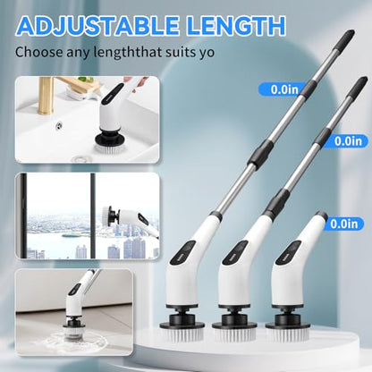 Electric Cordless Spin Scrubber – 2-Speed High-Efficiency Adjustable Portable Cleaning Brush for Home, 8 Replaceable Brush Heads for 360° Powerful Cleaning in Bathroom, Kitchen, Car(Pure White)