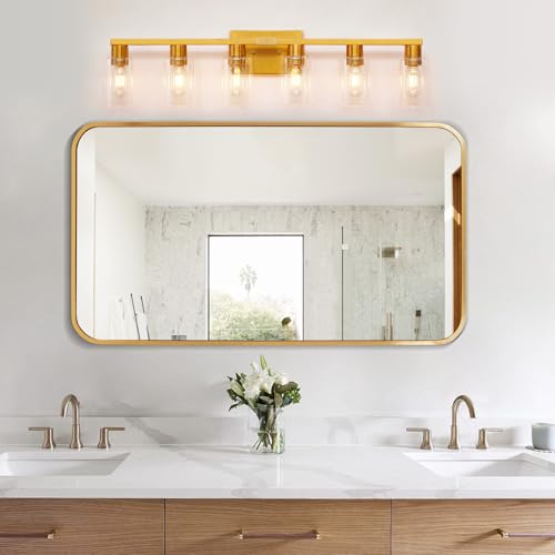 Gold 6 Light Bathroom Vanity Light Brush Gold Bathroom Light Fixtures Brass Vanity Lights for Bathrrom Large Wall Sconce with Clear Glass Shade E26 Socket - color: Gold, size: 6 Light