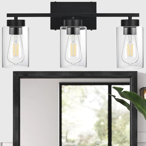 3-Light Bathroom Vanity Light, Modern Black Wall Lights with Clear Glass Shades, Bathroom Wall Sconce Lamp for Mirror Living Room Bedroom Hallway - color: 3 Light Black-Small