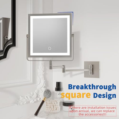 Ruacq Wall Mounted Makeup Mirror with Lights 1X/10X Brushed Nickel | 8",4000mAh Rechargeable,Magnification,3 Color,Touch Screen Dimmable,360° Rotation Extension Foldable Arm, Square, Women Gift - color: Brushed Nickel