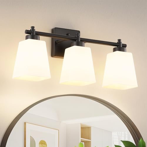 3-Light Bathroom Light Fixtures, 20" Black Modern Vanity Lights with Glass Shade, Bathroom Wall Lamp for Mirror Kitchen Living Room Hallway Porch (Matte Black, 3-Light) - color: Matte Black, size: 3-Light