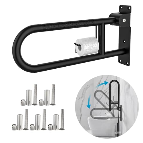 Toilet Grab Bar 24 Inch Black, Munzong Anti-Slip Handicap Grab Bars with Paper Holder, Flip-Up Bathroom Safety Rails, Stainless Steel Knurled Support handrails for Seniors Elderly Disabled Pregnant - color: Black, size: 24 Inch
