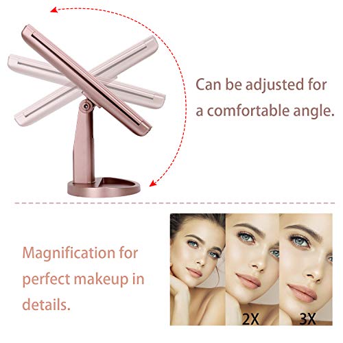 Dresser Mount Tri-Fold Lighted Vanity Mirror with 21 LED Lights, Touch Screen and 3X/2X/1X Magnification, Two Power Supply Modes Make Up Mirror,Travel Mirror - color: Rose Gold