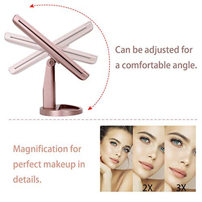 Dresser Mount Tri-Fold Lighted Vanity Mirror with 21 LED Lights, Touch Screen and 3X/2X/1X Magnification, Two Power Supply Modes Make Up Mirror,Travel Mirror - color: Rose Gold
