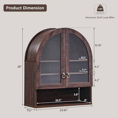 IFGET Bathroom Arched Wall Cabinet, 23.6'' Wide Medicine Cabinet with Adjustable Shelves & Glass Doors, Over The Toilet Storage Wall Mount Cabinet for Laundry Room, Kitchen & Living Room, Dark Walnut - color: Dark Walnut