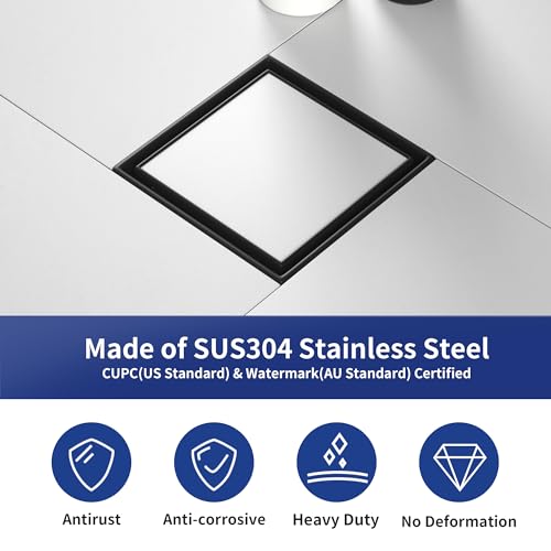 Square Shower Drain, 304 Stainless Steel Floor Drain 4" | with Tiled Insert Grate & Hair Strainer, Bathroom 2-in-1 Tiled in Drain, CUPC Certified - color: Matte Black, size: 4''