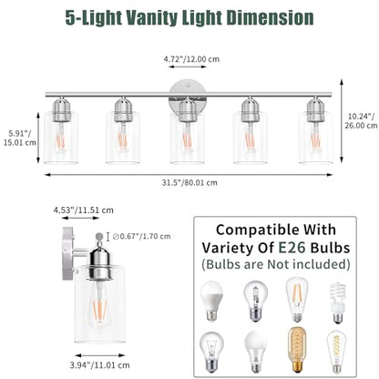 Bathroom Vanity Light Fixtures Polished Chrome Bathroom Lighting Fixture, 5 Lights Bathroom Light Fixture Over Mirror, Modern Black Vanity Light, Wall Sconces with Glass Shades - color: Polished Chrome, size: 5 Lights