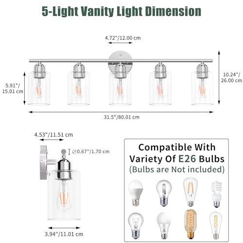 Bathroom Vanity Light Fixtures Polished Chrome Bathroom Lighting Fixture, 5 Lights Bathroom Light Fixture Over Mirror, Modern Black Vanity Light, Wall Sconces with Glass Shades - color: Polished Chrome, size: 5 Lights