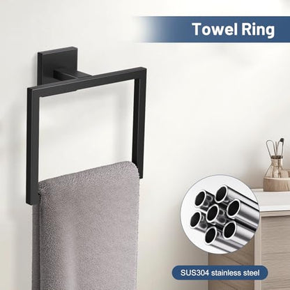 TURS 5-Pieces Matte Black Bathroom Hardware Accessories Set 23.6" Towel Bar Set Wall Mounted Square Toilet Paper Holder with Shelf Stainless Steel - color: Matte Black