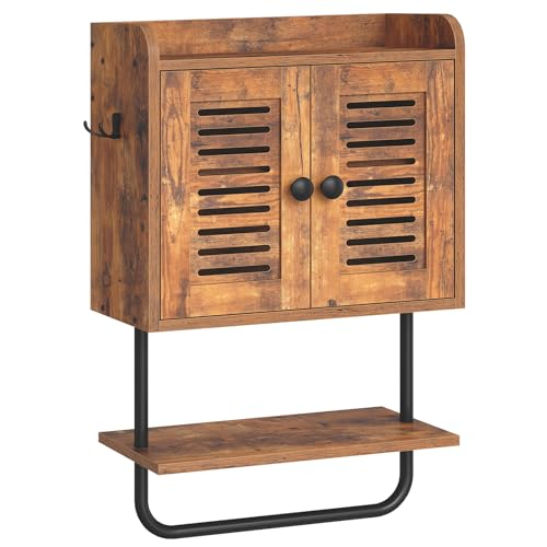 HOOBRO Bathroom Wall Cabinet, Double Doors Medicine Cabinet with Towel Bar, Adjustable Shelf, 2 Hooks, Over The Toilet Storage Cabinet, for Bedroom, Kitchen, Rustic Brown BF46CW01 - color: Rustic Brown + Black
