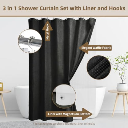 Siiluminisoy Shower Curtain and Liner Set, Waffle Shower Curtain Set with 12 Stainless Steel Hooks, Waterproof Luxury Fabric Shower Curtains for Bathroom and Hotel, Black, 72" W x 72" H - color: Black, size: 72"W x 72"L (Pack of 1)