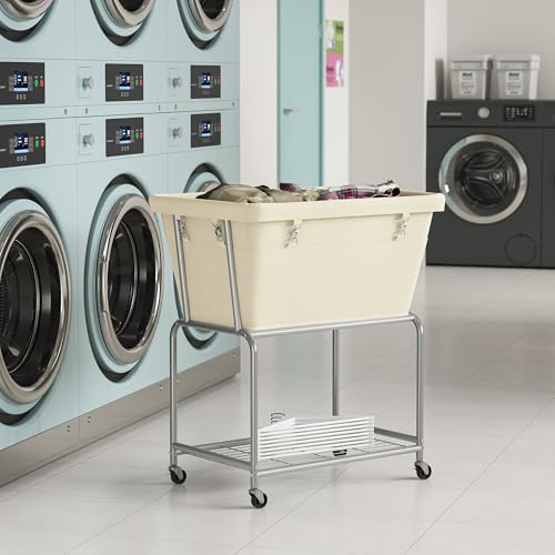 ELYKEN Rolling Laundry Hamper with Wheels, Removable Bag, Laundry Cart | 32-Gallon (122L), 2-Tier Clothes Basket with Shelf, Metal Frame, Ideal for Closet, Bedroom, Bathroom & Laundry Room, Cream - color: Cream, size: 27.4"L x 19.9"W x 30.9"H