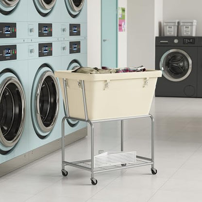 ELYKEN Rolling Laundry Hamper with Wheels, Removable Bag, Laundry Cart | 32-Gallon (122L), 2-Tier Clothes Basket with Shelf, Metal Frame, Ideal for Closet, Bedroom, Bathroom & Laundry Room, Cream - color: Cream, size: 27.4"L x 19.9"W x 30.9"H