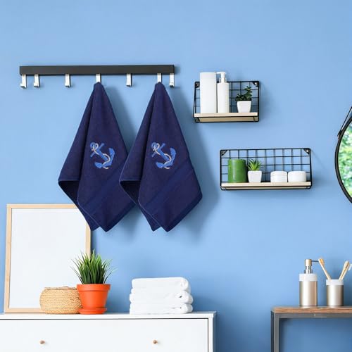 SmoothNovelty 2 Pcs Nautical Anchor Hand Towels Navy Blue Bathroom Decor 14x29 Inch Embroidered 100% Cotton Soft Absorbent Spring Summer Decorative Hand Towels for Bathroom Kitchen - style: Nautical Anchor