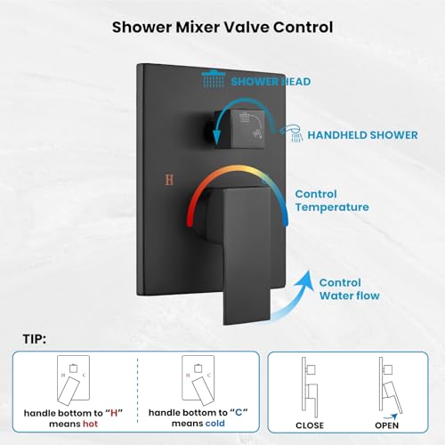 gotonovo Ceiling Shower System with Handheld Matte Black,12 inch Head | Ceiling Mount Bathroom Shower Faucet Set,SUS304 Rainfall Head and Handle Set Combo,Brass Valve Trim Kit,All Metal - color: Black, size: 12 inch Head