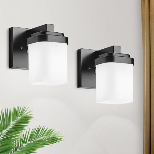 4.72 Inches Bathroom Vanity Lights, 1-Light Black Bathroom Llight Fixtures Over Mirror with Milky White Square Glass Shade, Modern Farmhouse Bathroom Wall Lamp, Wall Sconces Set of Two - color: Black, size: 4.7 Inch : 1-light