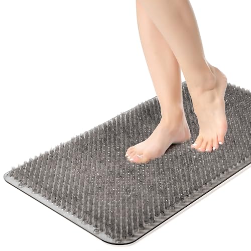 Yolife Shower Foot Scrubber Mat, Anti-Slip Bath Mat with Scrub Bristles, Soft Shower Foot Massager with Strong Suction Cups for Soothe Achy Feet,27.5'' x 15.7'' - color: Grey, size: 27.5" x 15.7" (Rectangular)