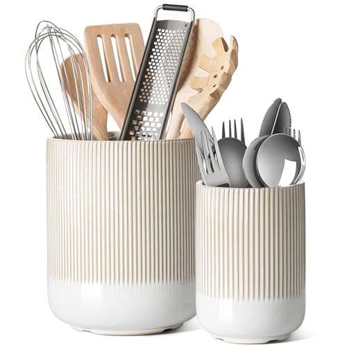 LE TAUCI Utensil Holder for Kitchen Counter, 7.3"+5.4" Fluted Ceramic Utensil Crock Organizer for Countertop, Heavy Large Holder for Spatulas, Spoons, Set of 2, Warm White Glaze - color: Warm White Glaze