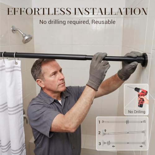 Shower Curtain Rod Adjustable 18-82", 1" Diameter Black Tension Rod, No Drill Rust-Proof Spring Loaded Shower Rods for Bathroom, Easy Install, No Sag
