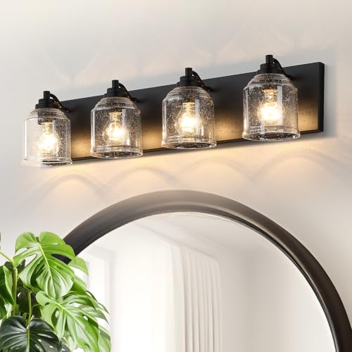 32" 4-Light Farmhouse Bathroom Vanity Light with Bubble Glass, Black | Farmhouse Rustic style, Matte Black Metal Base, E26 Ceramic Socket, UL&ETL Listed, Up&Down Mountable, Hardwired, over Mirror - color: Matte Black, size: 4-Light