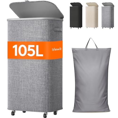 Lifewit 105L Plastic Laundry Basket with Lid, Large Clothes Hamper with Wheels and Removable Bag, Tall Collapsible Rolling Storage Bin for Dorm Bedroom Bathroom, Light Gray - color: Light Gray, size: 105L