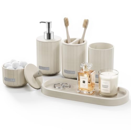 Cream Bathroom Accessory Set 5 Piece with Soap Dispenser, Storage Jar, Bathroom Counter Tray, Toothbrush Holder and Toothbrush Cup, Modern Stone-Effect Bathroom Countertop Decor Bath Sets