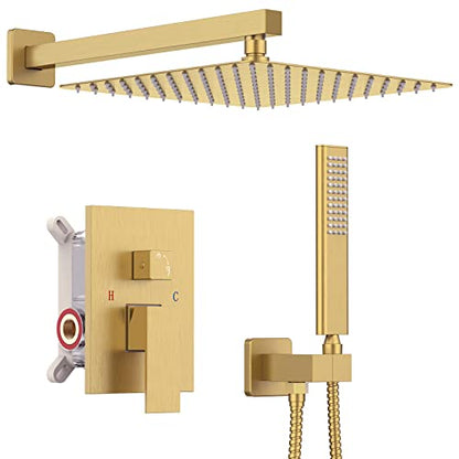 Iriber Brushed Gold Rain Shower System with 10 Inch Shower Head and Handheld Bathroom Wall Mounted Shower Set Contain Shower Faucet Mixer and Trim Kit (Valve Included) - color: Brushed Gold 04