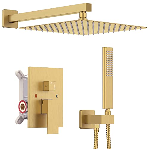 Iriber Brushed Gold Rain Shower System with 10 Inch Shower Head and Handheld Bathroom Wall Mounted Shower Set Contain Shower Faucet Mixer and Trim Kit (Valve Included) - color: Brushed Gold 04