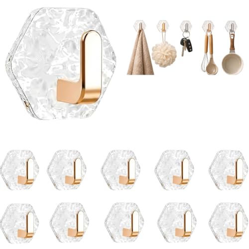 Water Ripple Hexagonal Self Adhesive Hooks, Self-Adhesive Hooks 10Pack Hexagonal Ripple Design, Drill Bathroom Kitchen Wall Hooks for Towels, Keys & Home Decor