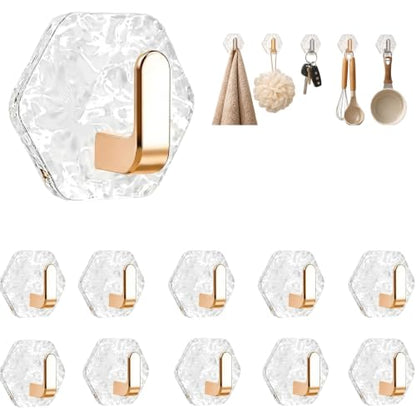 Water Ripple Hexagonal Self Adhesive Hooks, Self-Adhesive Hooks 10Pack Hexagonal Ripple Design, Drill Bathroom Kitchen Wall Hooks for Towels, Keys & Home Decor