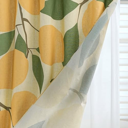 Lemons in Full Bloom Linen Shower Curtain Set with Liner,72" Wx72 L | Double Layer Shower Curtain Waterproof Fabric with Zippered Removable PEVA Liner,Boho Shower Curtain for Bathroom,Free Hooks - color: Lemon