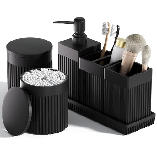 6-Piece Black Bathroom Set - Sleek Resin Organizer with Soap Dispenser, Toothbrush Holder, Vanity Tray, Tumbler & Apothecary Jars for Small Spaces - color: Black