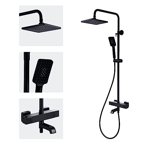 Thermostatic Outdoor Shower Fixtures System SUS304 Matte Black,Wall Mount Triple Function, with Adjustable Hand Sprayer and Tub Spout 8 inches Rainfall Shower Faucet, Square-Shaped,Bathroom