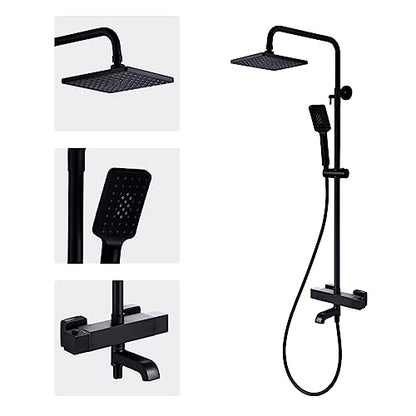 Thermostatic Outdoor Shower Fixtures System SUS304 Matte Black,Wall Mount Triple Function, with Adjustable Hand Sprayer and Tub Spout 8 inches Rainfall Shower Faucet, Square-Shaped,Bathroom