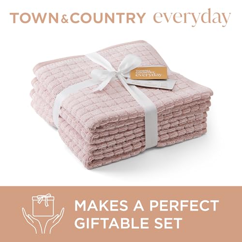 Town & Country Everyday 4-Piece Textured Windowpane Hand Towel Set, 20x30-Inch, 100% Cotton, Plush & Absorbent 550GSM, Blush - color: Blush