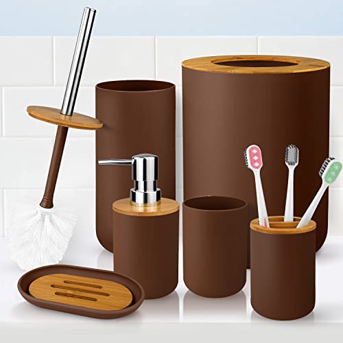 Bathroom Accessory Set, 6 Pcs Bathroom Essential Includes Toothbrush Holder, Toilet Brush with Soap Dispenser, Toothbrush Cup, Soap Dish, Trash Can (Brown, Bamboo) - style: Brown