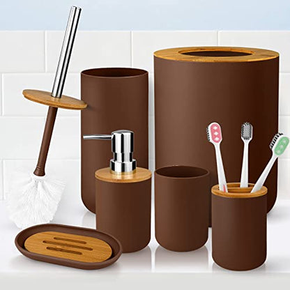Bathroom Accessory Set, 6 Pcs Bathroom Essential Includes Toothbrush Holder, Toilet Brush with Soap Dispenser, Toothbrush Cup, Soap Dish, Trash Can (Brown, Bamboo) - style: Brown