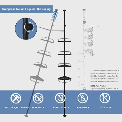 Corner Shower Caddy Constant Tension Pole Rustproof Shower Rack 4 Tiers Adjustable Bathroom Storage Organizer Drill Free