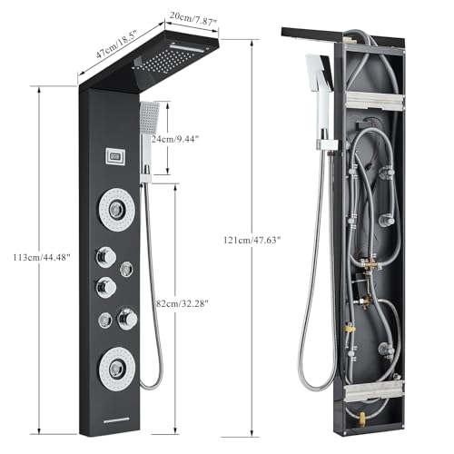 AlenArt Shower Panel Tower System Rainfall Waterfall Shower Head with Body Jets Stainless Steel Rain Massage System 5-Function High Pressure Shower Panel Tower System,HFT8029 - color: Black