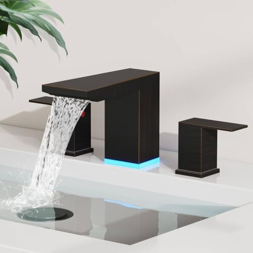 BESy LED Oil Rubbed Bronze Square Bathroom Faucets 3 Hole Waterfall 8 Inch Widespread with 3 Colors Light Changing Sink Faucet with Pop-up Drain, Supply Lines 2 Handles for Vanity, Lavatory, Restroom - color: Oil Rubbed Bronze
