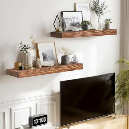 Solid Wood Floating Shelves, 17 Inch Wall Shelves, Set of 2, Brown | 8 Inch Deep, 1.6 Inch Thick, Extra-Wide Display Space, Mounting Hardware Included, For Kitchen, Bathroom and Living Room - color: Brown, size: 17x8x1.6
