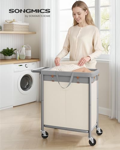 SONGMICS Laundry Basket with Wheels, 2-Section Rolling Laundry Hamper, 37 Gallons (140 L), Removable Liner, Steel Frame with Handle, 27.2 x 15.4 x 31.9 Inches, Dove Gray and Cream White URLS004GD02 - color: Dove Gray + Cream White, size: 140 L (2-Section)